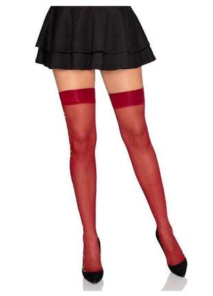 Leg Avenue Spandex Sheer Thigh Highs with Embroidered Rose Side Detail - Red - One Size