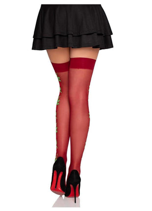 Leg Avenue Spandex Sheer Thigh Highs with Embroidered Rose Side Detail - Red - One Size