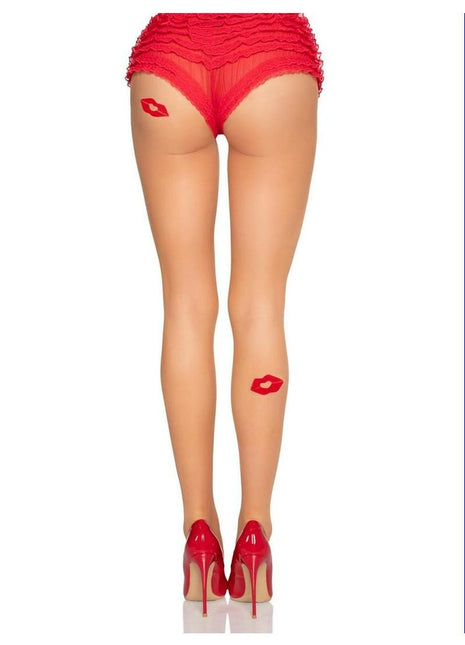 Leg Avenue Spandex Sheer Tights with Embroidered Kiss Accents - Nude/Red - One Size