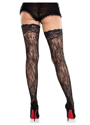 Leg Avenue Stay-Up Lace Top Cross Hatch Floral Lace Thigh Highs