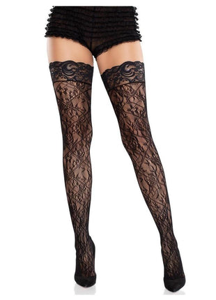 Leg Avenue Stay-Up Lace Top Cross Hatch Floral Lace Thigh Highs - Black - One Size