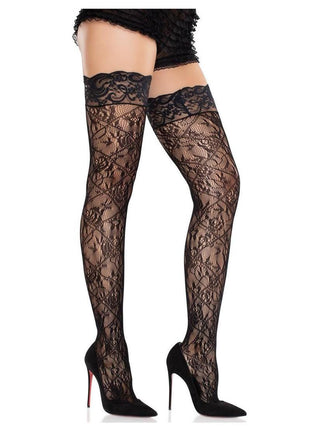Leg Avenue Stay-Up Lace Top Cross Hatch Floral Lace Thigh Highs - Black - One Size