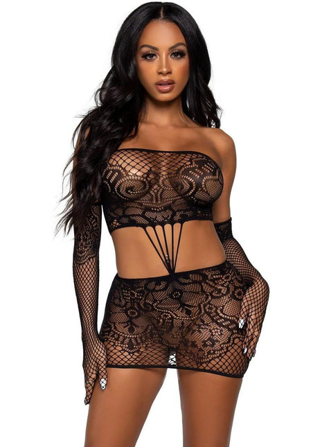 Leg Avenue Strappy Lace Tube Dress and Matching Gloves - Black - One Size - 2 Pieces