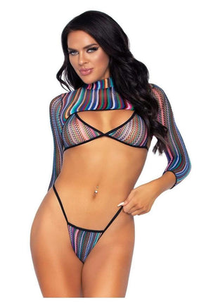 Leg Avenue Striped Fishnet Bikini Top, G-String Panty, and Long Sleeved Crop Top - Multicolor - One Size