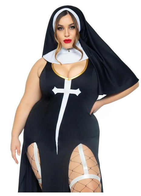 Leg Avenue Sultry Sinner Dual Slit Garter Dress with Vinyl Cross Detail, Vinyl Collar, and Nun Habit - Black/White - Queen/XLarge/XXLarge - 3 Piece