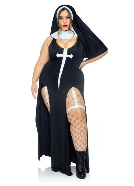 Leg Avenue Sultry Sinner Dual Slit Garter Dress with Vinyl Cross Detail, Vinyl Collar, and Nun Habit - Black/White - Queen/XLarge/XXLarge - 3 Piece