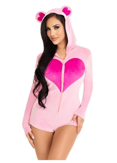 Leg Avenue Sweetheart Bear Velvet Zip Up Romper with Heart Accent - Pink - XSmall