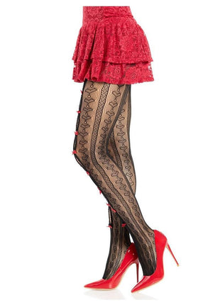 Leg Avenue Sweetheart Striped Net Tights with Keyhole and Mini Bow Detail