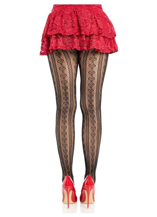 Leg Avenue Sweetheart Striped Net Tights with Keyhole and Mini Bow Detail - Black/Red - One Size