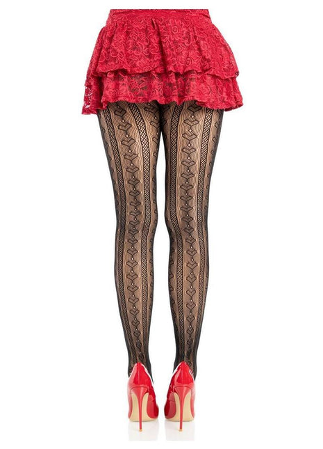 Leg Avenue Sweetheart Striped Net Tights with Keyhole and Mini Bow Detail - Black/Red - One Size