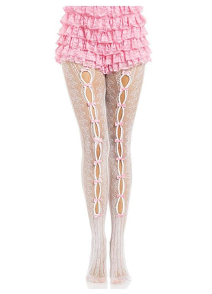 Leg Avenue Sweetheart Striped Net Tights with Keyhole and Mini Bow Detail - Pink/White - One Size