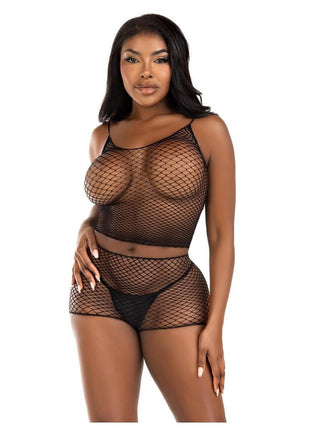 Leg Avenue Twist Net Tank Top and Boy Shorts - Black - One Size - 2 Piece