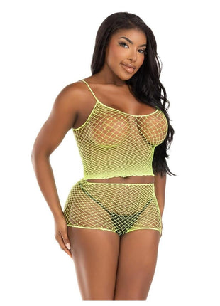 Leg Avenue Twist Net Tank Top and Boy Shorts - Lime - One Size - 2 Piece