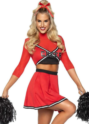 Leg Avenue Varsity Babe Set Crop Top with Cheer Logo, Pleated Skirt, and Pom Poms - Red - XSmall - 3 Piece