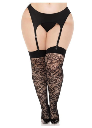Leg Avenue Wild Rose Net Thigh Highs - 1x-2x - Black