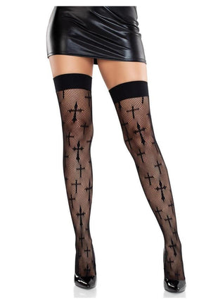 Leg Avenue Worship Me Cross Net Thigh Highs - Black - One Size