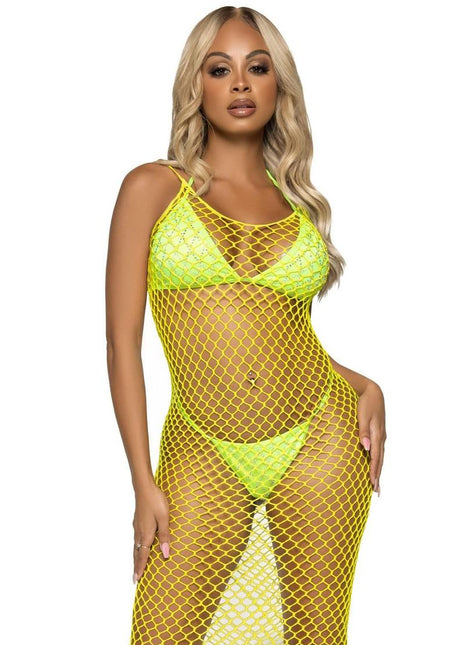 Leg Avenue Woven Twist Net Backless Maxi Dress - One Size - Lemon - Yellow - One Size