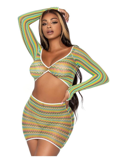 Leg Avenue Zig Zag Net Gauntlet Sleeve Crop Top and Mini Skirt - Green - One Size - 2 Piece