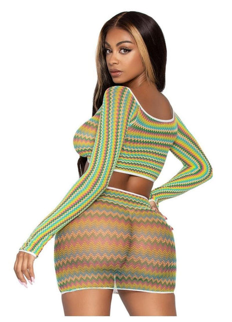Leg Avenue Zig Zag Net Gauntlet Sleeve Crop Top and Mini Skirt - Green - One Size - 2 Piece