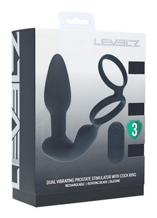 Levelz Dual Vibrating Rechargeable Silicone Prostate Stimulator with Rotating Beads Cock and Balls Rings with Remote Control - Black
