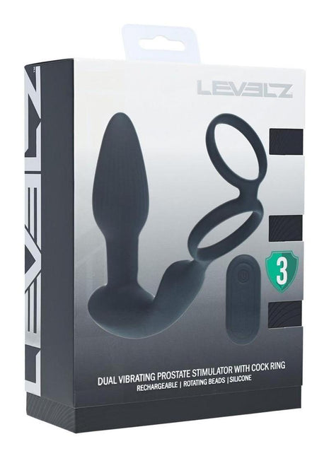 Levelz Dual Vibrating Rechargeable Silicone Prostate Stimulator with Rotating Beads Cock and Balls Rings with Remote Control - Black