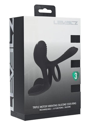 Levelz Triple Motor Vibrating Silicone Rechargeable Cock Ring - Black