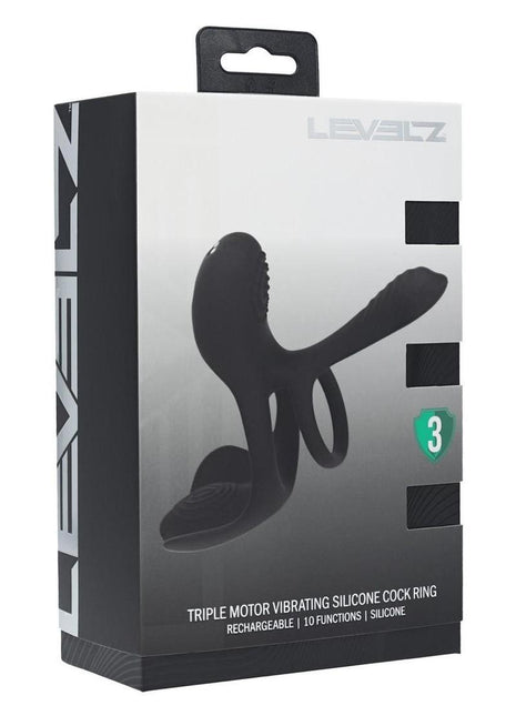 Levelz Triple Motor Vibrating Silicone Rechargeable Cock Ring - Black