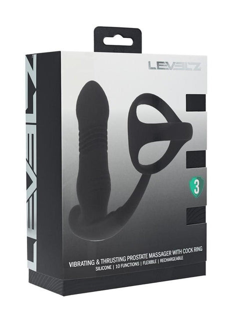 Levelz Vibrating and Thrusting Silicone Rechargeable Prostate Massager with Tri O Cock Ring - Black