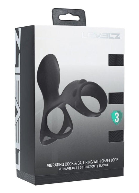 Levelz Vibrating Silicone Rechargeable Cock and Ball Ring with Shaft Loop - Black