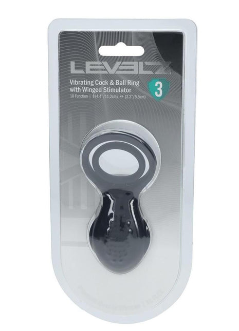 Levelz Vibrating Silicone Rechargeable Cock and Ball Ring with Winged Stimulator - Black