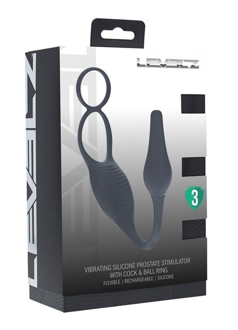 Levelz Vibrating Silicone Rechargeable Prostate Stimulator with Cock and Ball Ring - Black