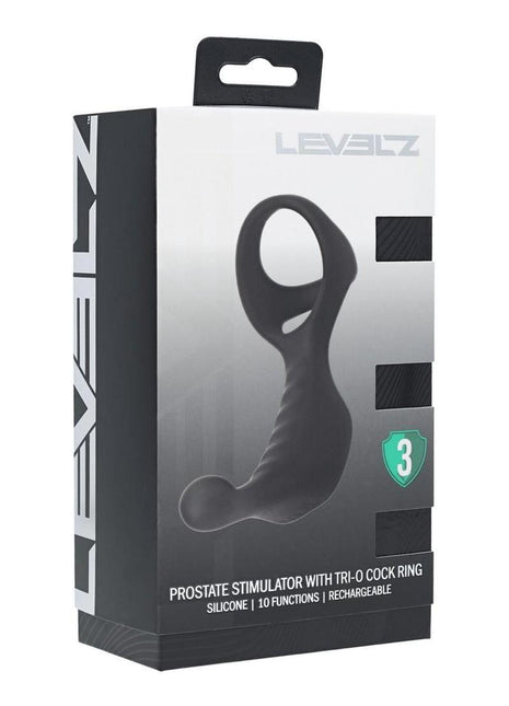Levelz Vibrating Silicone Rechargeable Prostate Stimulator with Tri O Cock Ring - Black
