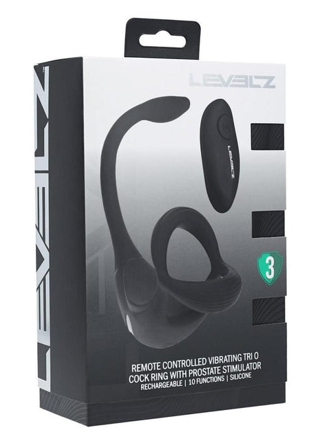 Levelz Vibrating Silicone Rechargeable Tri O Cock Ring with Prostate Stimulator and Remote Control - Black