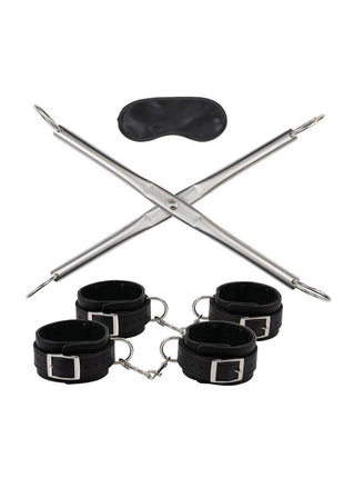 Lux Fetish Hog-Tie Spreader Bar with Detachable Wrist and Ankle Cuffs - Black/Silver