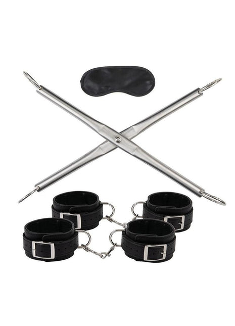 Lux Fetish Hog-Tie Spreader Bar with Detachable Wrist and Ankle Cuffs - Black/Silver