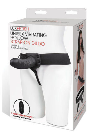 Lux Fetish Unisex Vibrating Hollow Strap-On Dildo with Wired Remote Control - Black - 9in