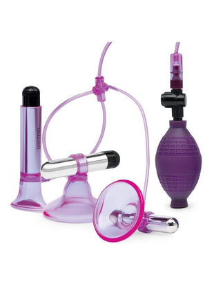 Lux Fetish Vibrating Nipple Suckers with Clitoral Pump and Quick Release - Purple/Silver