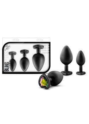 Luxe Bling Butt Plugs Silicone Training Kit with Rainbow Gems (3 Size Kit - Black/Multicolor