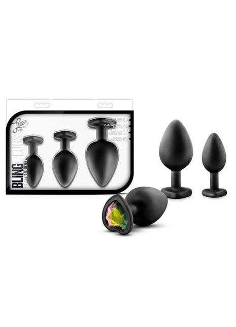 Luxe Bling Butt Plugs Silicone Training Kit with Rainbow Gems (3 Size Kit - Black/Multicolor