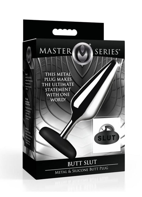 Master Series Butt Slut Metal and Silicone Butt Plug - Black/Metal/Silver