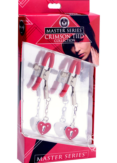 Master Series - Crimson Tied Charmed Heart Padlock Nipple Clamps - Red