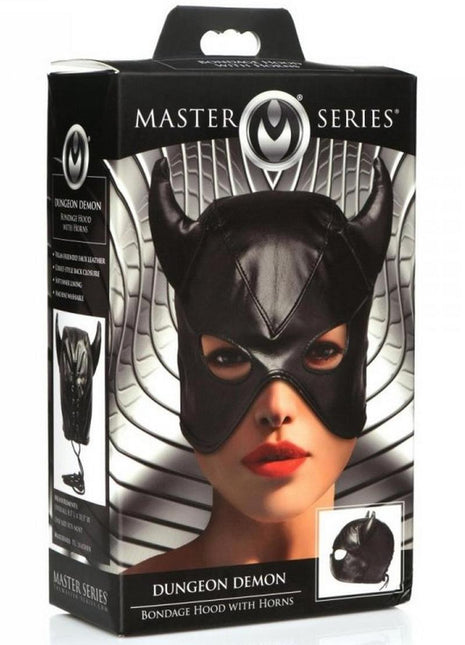 Master Series Dungeon Demon Bondage Hood with Horns - Black