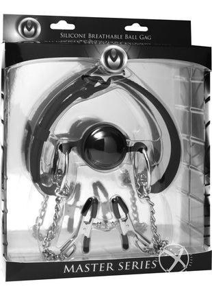 Master Series Hinder Breathable Silicone Ball Gag with Nipple Clamps - Black