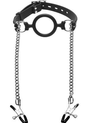Master Series Mutiny Silicone O-Ring Gag with Nipple Clamps - Black