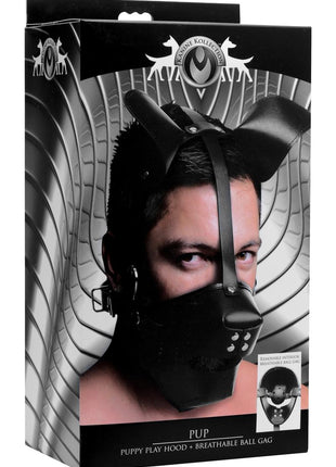 Master Series Pup Puppy Play Hood + Breathable Ball Gag - Black