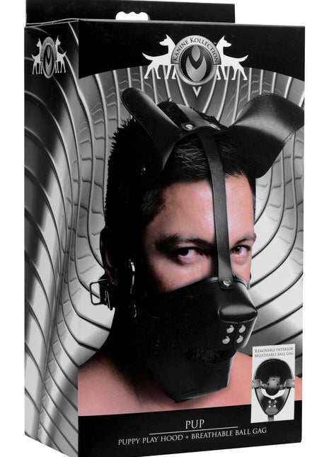Master Series Pup Puppy Play Hood + Breathable Ball Gag - Black