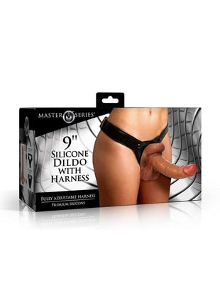 Master Series Silicone Realistic Dildo with Harness - Black/Caramel - 9in