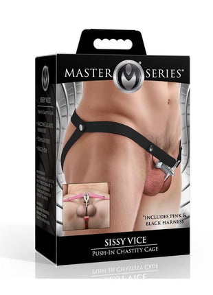 Master Series Sissy Vice Push-In Chastity Cage - Black/Silver