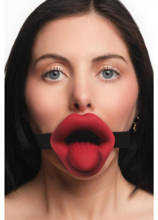 Master Series Vibrating Sissy Rechargeable Silicone Mouth Gag - Black/Red