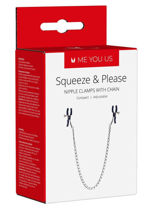 ME YOU US Squeeze and Please Adjustable Nipple Clamps with Chain - Metal/Silver